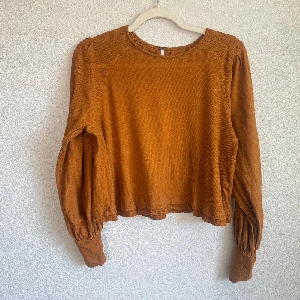 Free People Billie Ballon Sleeve Ribbed Top‎ Womens Small Boho Preppy Rust
